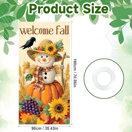 Welcome Fall Door Cover 35.4x70.8in, Autumn Harvest Scarecrow Pumpkin Sunflower Front Porch Banner, Rustic Thanksgiving Halloween Backdrop for Indoor Outdoor Home Yard Wall Decorations - Image 2