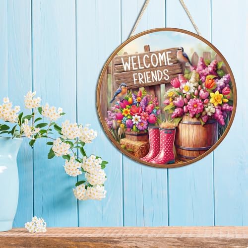 Welcome Friends Floral Wooden Hanging Front Door Sign Wall Decor - Image 7