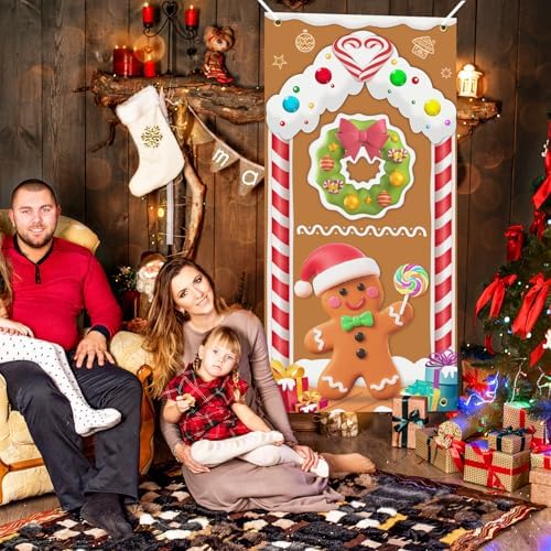 Christmas Door Cover Gingerbread Man Decoration Xmas Large Photography Background Banner Porch Sign for Winter Ginger Bread House Indoor Outside Front Door Banner Farmhouse Party Supplies 6 x 3 Feet - Image 5
