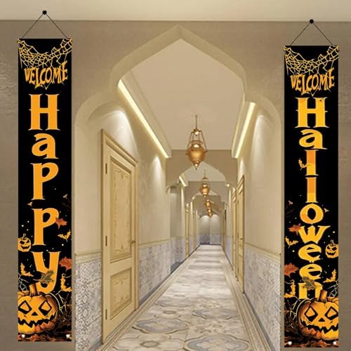 2PCS Happy Halloween Porch Banners 71 x 12 Inch Vertical Welcome Door Signs with Pumpkins and Bats Halloween Party Decorations for Front Door Outdoor Yard Entryway Spooky Wall Hanging Decor - Image 5