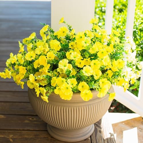 Artificial Flowers for Outdoors Fake Flowers Plants for Spring Summer Decor, 12 Bundles Silk Morning Glory with Eucalyptus Look Real UV Resistant Yellow Faux Flowers for Outside Planters Yard Patio by HyeFloraartificialflowers