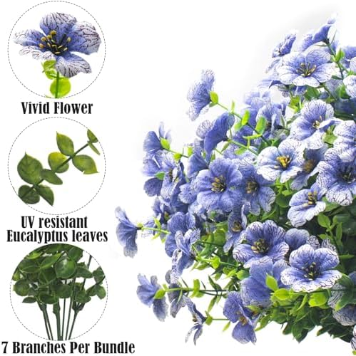 Grunyia Artificial Fake Flowers for Outdoor Spring Decoration, 16 Bundles Faux Silk Colorful Daisy UV Resistant Realistic for Outside Porch Patio Home Yard Garden Planters Pots Window Box (Blue) - Image 3