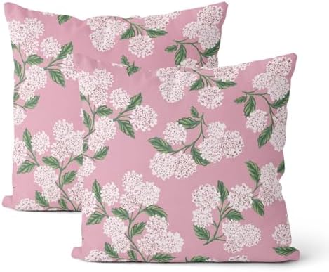 Pink Pillow Covers 22x22 Inch 2 Pcs Preppy Pink Green Hydrangea Flower Decor Throw Pillows Vintage Floral Seasonal Spring Summer Outdoor Decoration Pillowcase Linen Cushion Cover for Couch Sofa by DAFENA