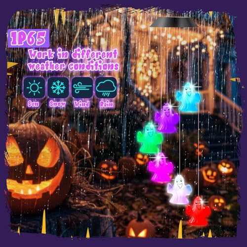 GlikCeil Halloween Solar Wind Chimes 27.5Inch Halloween Decorations Outside Waterproof Hanging LED for Yard, Porch, Patio, Party, Color Changing Lights(Ghost) - Image 5
