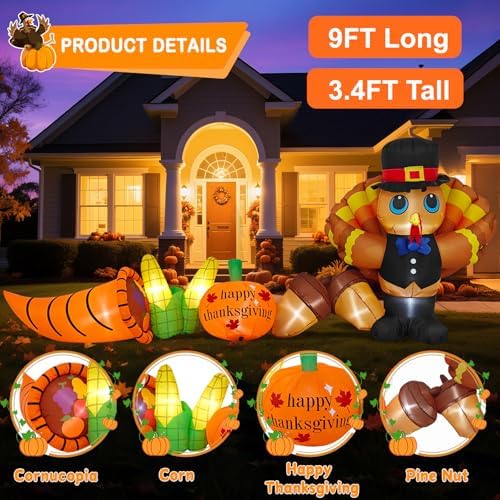 9FT Long Thanksgiving Inflatables Turkey Outdoor Decorations Blow Up Turkey Yard Inflatable with Pumpkin Corn Cornucopia Built-in LED Lights Thanksgiving Day Parade Fall Lawn Garden Outside Decor - Image 2