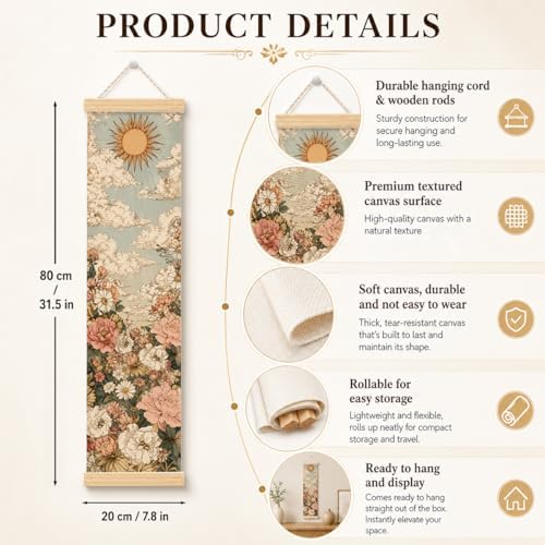 Sun Floral Porch Decor Banner, 31.5 x 7.8 Inch Canvas Hanging Banner with Wooden Rods, Cloud Garden Wall Accent for Entryway, Patio, Living Room, Indoor Outdoor Display - Image 2
