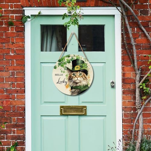 St. Patrick's Day Door Decoration for Home Cat Lucky Shamrock Wreath for Front Door Lucky Clover Cat Hanging Wall Sign Green Wreath Wooden Plaid Plaque for Porch Home Office Farmhouse 12"x12" - Image 6