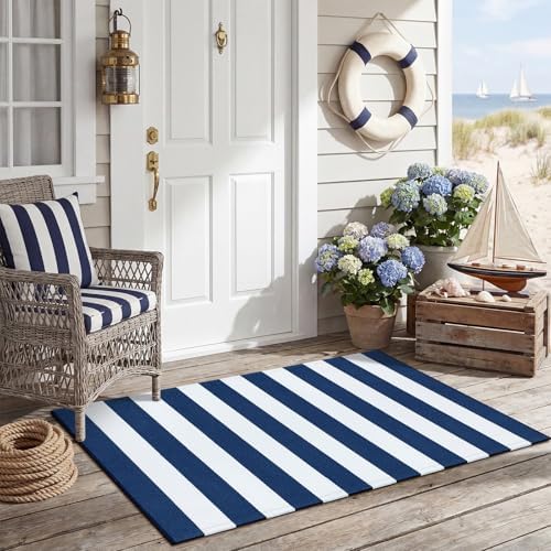 Duraaamo Nautical Navy White Stripe Outdoor Rug 2.3' X 3.6' for Front Porch - Image 4