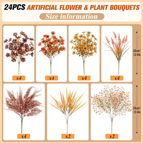 24Pcs Artificial Fall Flowers for Outdoors Decor, Fake UV Resistant Plants - Image 2