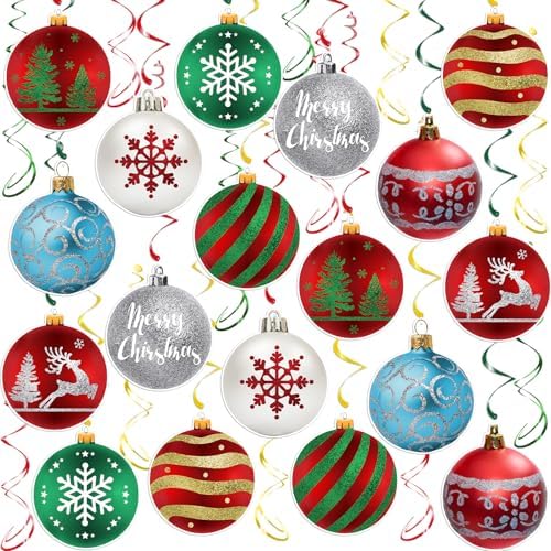 Christmas Hanging Swirl Decorations - 30 Pcs Christmas Ball Hanging Foil Swirl Xmas Tree Snowflake Elk Ceiling Decor for Xmas Holiday Party Supplies by PartyGarden
