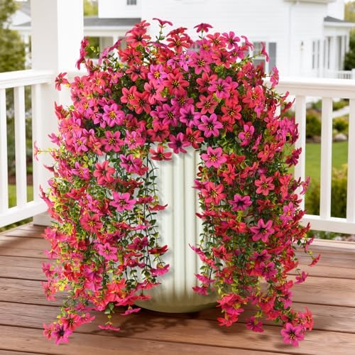 ZFProcess Artificial Hanging Flowers Plants for Outdoor Spring Summer Decoration, 2PCS Faux Silk Daisy UV Resistant Look Real for Outside Home Indoor Planter Porch Garden Yard Decor(Rose Red Fuchsia) by ZFProcessArtificialFlowers