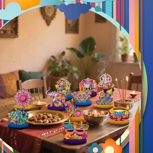 Wesiti 12 Pcs Diwali & Ganesh Chaturthi Decorations Diwali Table Decorations Signs Indian Festival Table Centerpiece with Ganesha Idol, Peacock, Lotus Marigold Tea Lights for Mandap Home Office Decor - Image 6