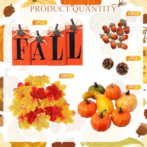 Roowest 50 Pcs Fall Pumpkins Harvest Decoration Set Mini Artificial Gourd Autumn Leaves Acorns Decorations and 4 Pcs Thanksgiving Wood Tabletop Decor Block Signs for Harvest Autumn Home Decor - Image 3