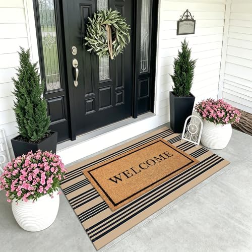 KOZYFLY 3'x5' Striped Area Rug, Brown and Black Woven Cotton Outdoor Rug - Image 2