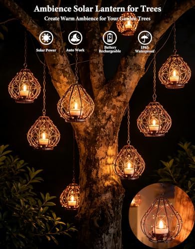 Outdoor Solar Hanging Lantern, 4 Pack Hand Woven Copper Wire Teardrop Candle Holders with Solar Tea Lights, IP65 Waterproof Chandelier for Gazebo, Tree, Pergola, Patio Garden Decor - Image 2