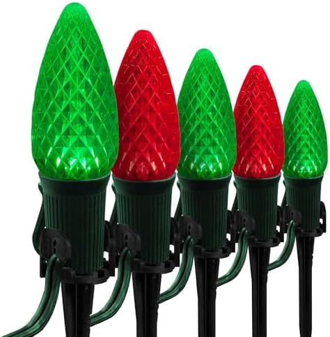 Wintergreen Lighting 100’ OptiCore LED Red and Green Christmas Pathway Lights, C9 Outdoor Landscape Lights, 4.5” Stakes, Green Wire Plug String Lights by WintergreenLighting