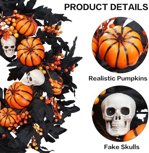 Sggvecsy Halloween Wreath with Artificial Pumpkin Handmade Black Maple Leave Skull Pumpkin Orange Berries 20''Front Door Decorations for Indoor Outdoor Home Halloween Festival Decoration - Image 7