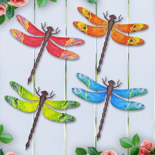 4 Pcs Large Metal Dragonfly Outdoor Wall Art Hanging Decorations by eoorau