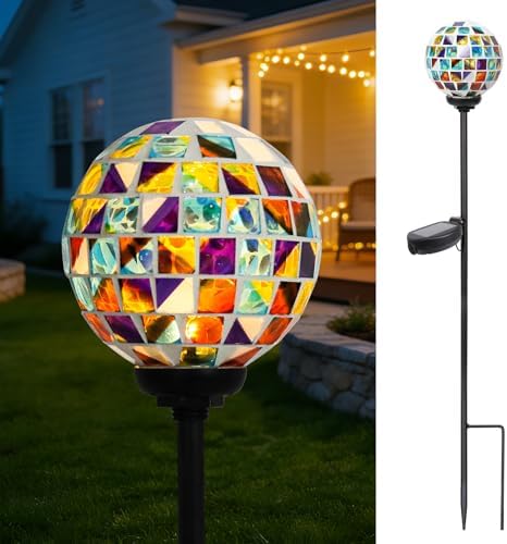 VCUTEKA Decorative Solar Garden Lights, 3.5" Mosaic Globe Outdoor Stake by VCUTEKA