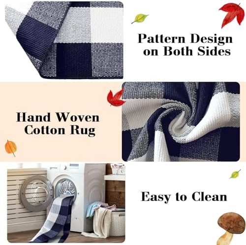 Buffalo Plaid Rug 28 x 43 Inches Fall Outdoor Front Door Decor Mat, Cotton Washable Hand-Woven Rug for Layered Doormat, Autumn Halloween Thanksgiving Carpet for Porch (Navy Blue and White Plaid) - Image 5