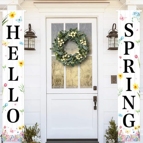 71 x 12 Inches Hello Spring Porch Banner Set – Rustic White Wood Door Hanging Signs with Flowers, Butterflies, and Floral Accents for Farmhouse, Garden, and Spring Porch Decorations Indoor Outdoor - Image 3