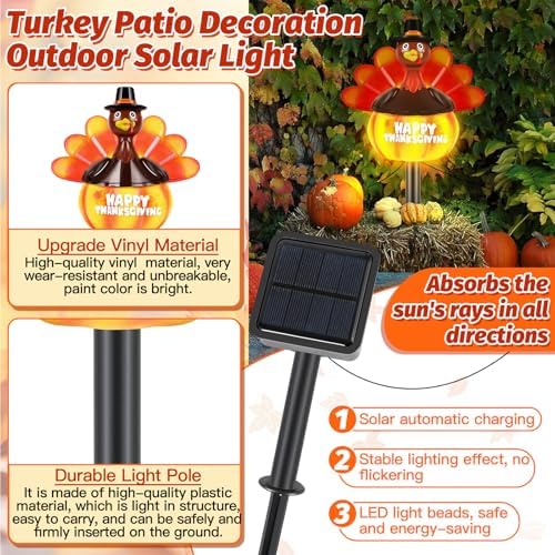 4-in-1 Thanksgiving Turkey Pumpkin Solar Lights Outdoor Decoration Fall Harvest Yard Stakes Autumn Decor Hand Painted Turkey Pumpkin Lights For Garden Lawn Pathway Walkway Driveway Patio Front Porch - Image 3