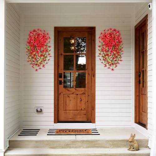 INXUGAO Artificial Hanging Flowers Plants with Basket for Outdoors, Realistic Faux Silk Daisy Flower Eucalyptus for Spring Decor, UV Resistant Fake Plants for Porch Patio Yard Balcony (Red) - Image 7