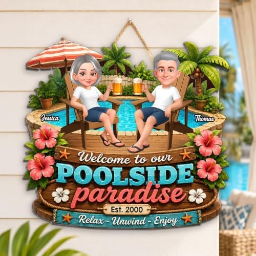 Personalized Summer Vibe Welcome To Our Poolside Paradise Wood Sign, Relax Unwind Enjoy Sign, Gift For Couple, Husband, Wife, Summer Porch, Patio, Bar Decoration - Image 2