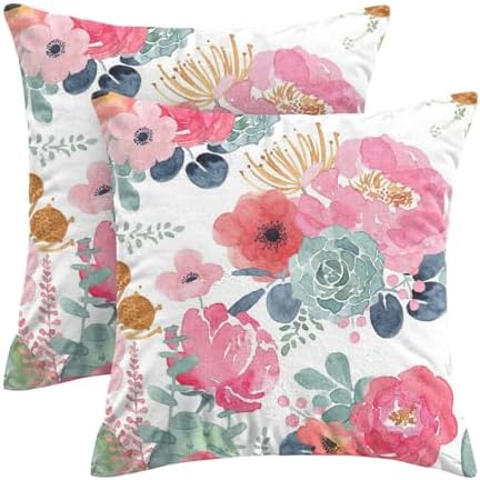 CXMEIFLY Spring Floral Pillow Covers 24 x 24 Inch Set of 2 for Watercolor Pink Flowers Decor Throw Pillows Green Leaves Plant Outdoor Decorative Cushion Cases with Zipper for Couch Bed Decorations by CXMEIFLY