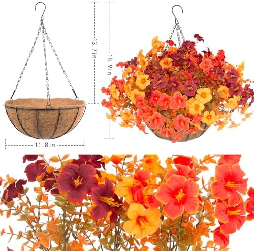 Daynight 2 Set Artificial Outdoor Fall Flowers with Hanging Baskets, 24 Pcs Faux Petunias Flowers with Hanging Planter for Outside Porch Yard Garden Autumn Decor (2, Orange) - Image 5