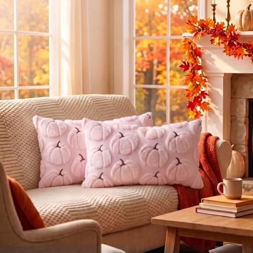 Fall Pillow Covers Pumpkin Fall Decor 12x20 Set of 2 Pink - Image 4