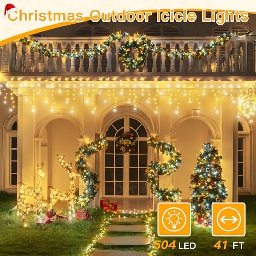 Ollny Icicle Lights for Outside 504LED 41FT, Warm and Cool White Christmas Light with Remote 8Modes Timers Waterproof, Plug in Connectable Hanging Lights for Outdoor Indoor House Roof Holiday - Image 2