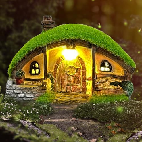 Garden Statue and Fairy House with Solar Lights – Resin Outdoor Figurine Lights, Cottage Yard Decor for Porch & Lawn by Darkdec