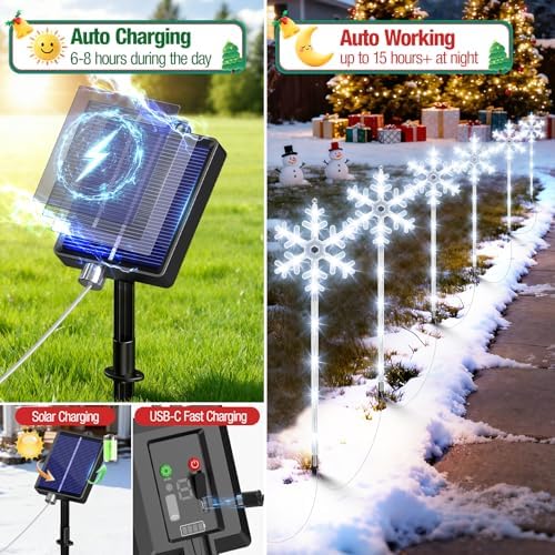 Solar Lights Outdoor Christmas Decorations 12 Pack - 192 LEDs Solar Christmas Snowflake Pathway Lights Outdoor with Remote & 8 Lighting Modes, Waterproof Xmas Lights for Garden Yard, Cool White - Image 3