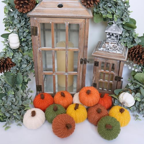 Winlyn Set of 12 Faux Fall Harvest Crochet Pumpkins Small Knit Pumpkins in Orange Yellow Green Brown Cream Rustic Farmhouse Pumpkins Foam Pumpkins for Thanksgiving Halloween Autumn Mantel Table Décor - Image 5