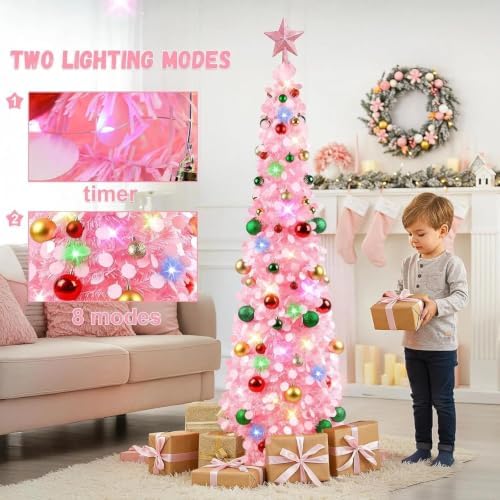 N&T NIETING Pop Up Christmas Tree with Lights & 30 Balls, 5Ft Collapsible Pink Tinsel Tree Decorations for Holiday Home Office Decor, Pink - Image 6