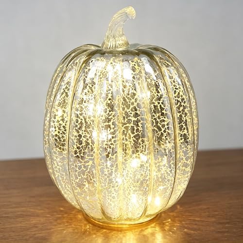 Fall Decorations for Home,Mercury Glass Pumpkin Lights with Timer(Silver) - Image 5