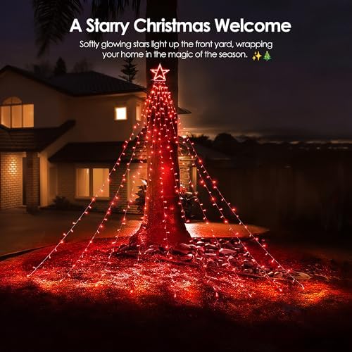 WBao 344 LED Christmas Lights Outdoor Decorations with 12" Star Topper, 11.9ft Waterfall Christmas Lights, Remote Control 8 Modes, 3 Timers, UL Listed Waterproof for Tree Roof Porch Xmas Decor, Red - Image 2