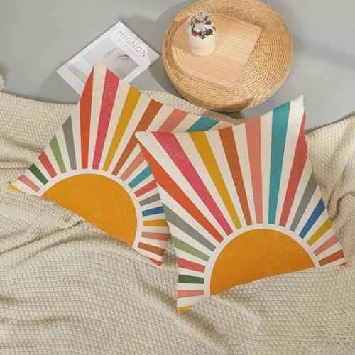 Summer Pillow Covers 22x22 Set of 2 Colorful Stripes Yellow Sunshine Outdoor Throw Pillows Boho Rainbow Sun Decorative Pillowcase Linen Modern Farmhouse Cushion Case for Home Bedroom Decor - Image 6