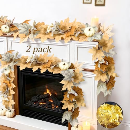 2 Pack Fall Garland Maple Leaf with Lights Fall Decor, 6Ft/Piece Fake Leaves Pumpkin Berry Vine Autumn Foliage Garland for Mantle Fireplace Halloween Thanksgiving Decorations Christmas Home Decor by Cherica