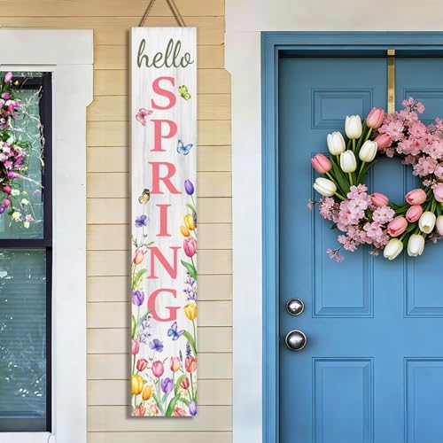 Hello Spring Porch Sign, Flower Butterfly Sign for Front Porch, Pink Tulip Wooden Sign Yard, Vertical Wood Sign Standing for Patio Front Door Porch, Farmhouse Holiday Home Party Entryway Yard Wall Decor Indoor Outdoor, 47x8 inch - Image 4