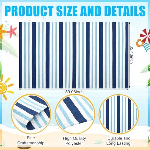 Moucuny 3' X 5' Navy White Blue Summer Vertical Stripe Outdoor Rug - Image 3