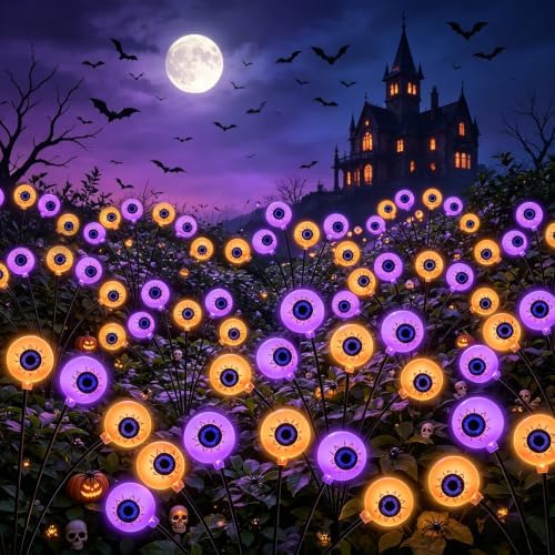 Halloween Decorations Outdoor, 6 Pack 36 LED Purple and Orange Solar Scary Eyeball Swaying Lights, Solar Firefly Light Waterproof Outdoor Lights for Halloween Yard Garden Party by yulloyello