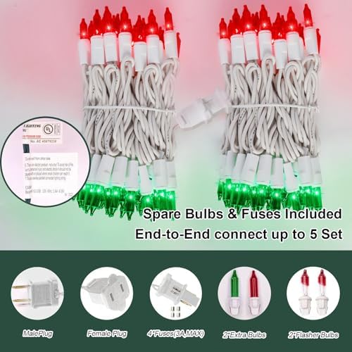LAMPHOME 100 Count Red Green Christmas Lights, White Wire 20Ft Incandescent Holiday String Light Set for Indoor Outdoor Use Christmas Tree, Halloween, Valentine Wedding Lighting Decoration - Image 2