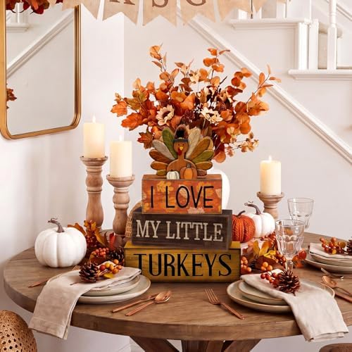 Lineshading 4 Pcs Thanksgiving Block Signs, I Love My Little Turkeys Wood - Image 2