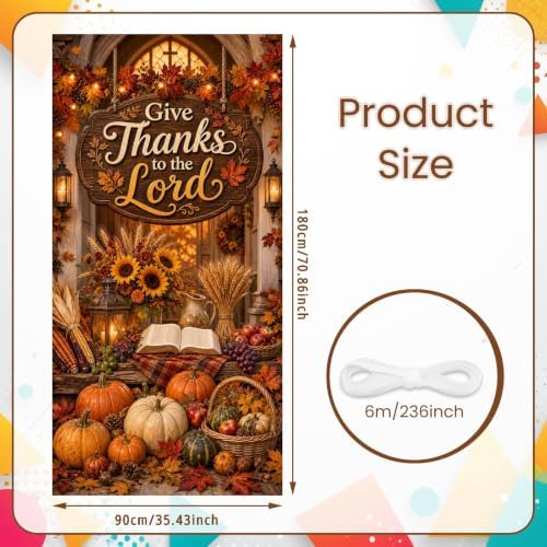 Christian Thanksgiving Door Banner, Give Thanks to The Lord Door Cover, Religious Christian Fall Harvest Front Door Decorations Porch Wall Party Photo Backdrop 70.8 x 35.4 Inch - Image 3