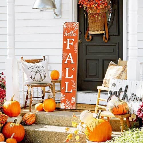 Hello Fall Porch Sign Autumn Leaves Wooden Welcome Sign Vertical Fall Hanging Signs For Standing Front Porch Decor Rustic Wall Decor Home Farmhouse Yard Door Fall Decorations 47.2"H - Image 7
