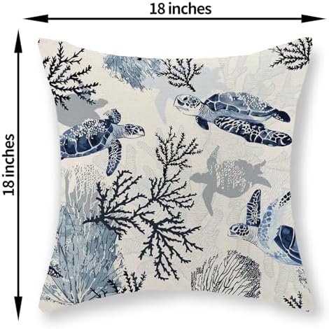 Coastal Turtle Pillow Covers 18x18 Set of 2 Coral Sea Nautical Decorative Throw Pillows Blue Beach Themed Ocean Outdoor Pillow Cases Linen Farmhouse Cushion Case for Couch Sofa Bedroom Decor - Image 6