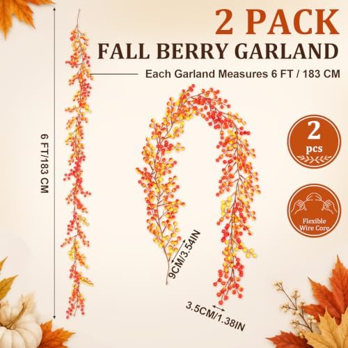 Thiccywoov 2 Pack 6 ft Fall Berry Garland Artificial Autumn Orange Vine - Image 3