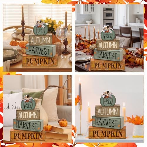 Lineshading 4 Pcs Fall Wood Block Signs Pumpkin Harvest Tiered Tray Decor - Image 5